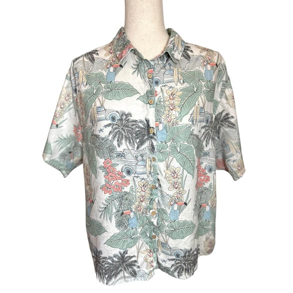 C&C California Linen Women's Tropical Boxy Top Large Hawaiian Beach Travel